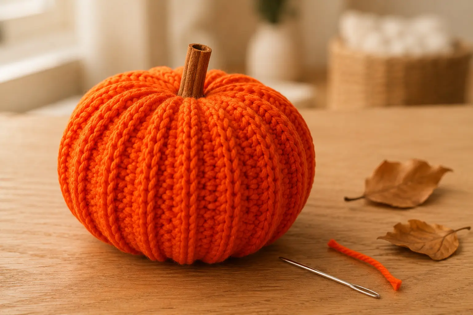 Citrouille orange crochetée, terminée, avec une tige en bâtonnet de cannelle.