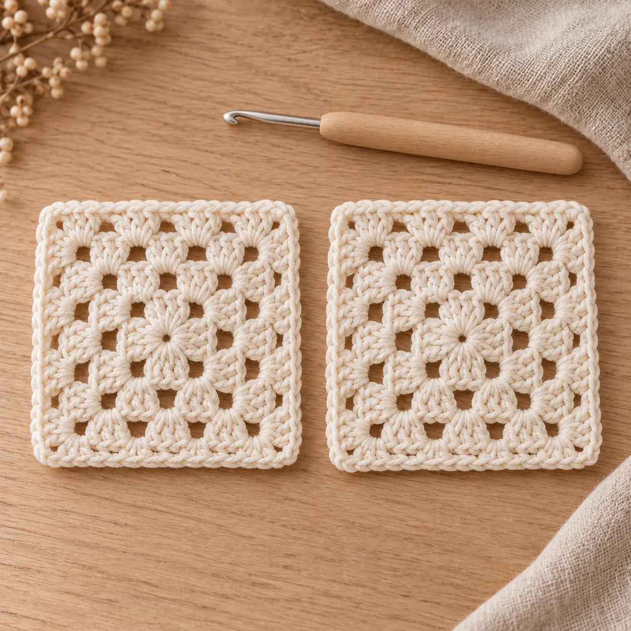 deux carrés de mamie de taille égale au crochet d'ange après chaque quatre tours
