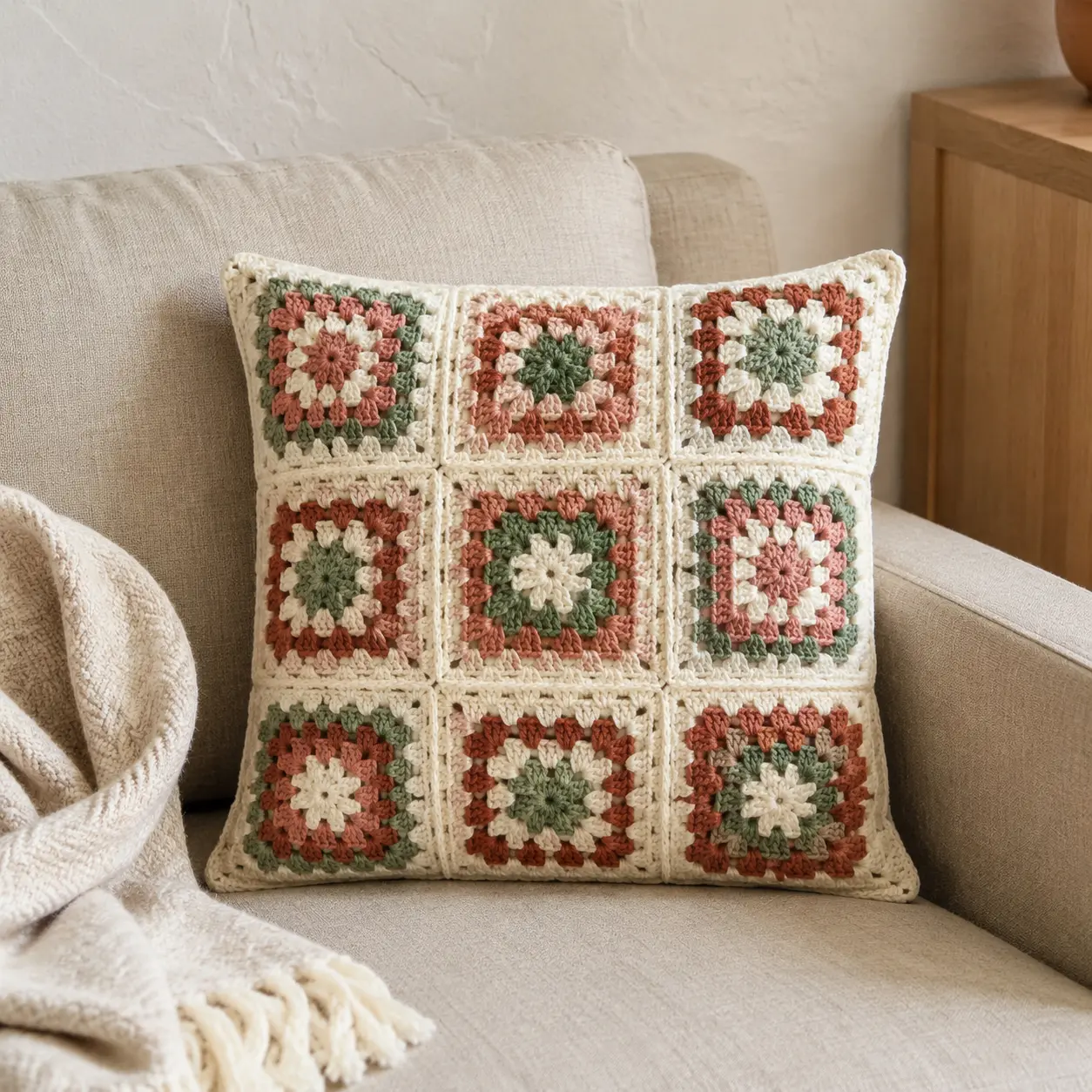 Coussin granny square tout fait, couleur crème, vert sauge, rose poudré et terracotta, sur un canapé clair