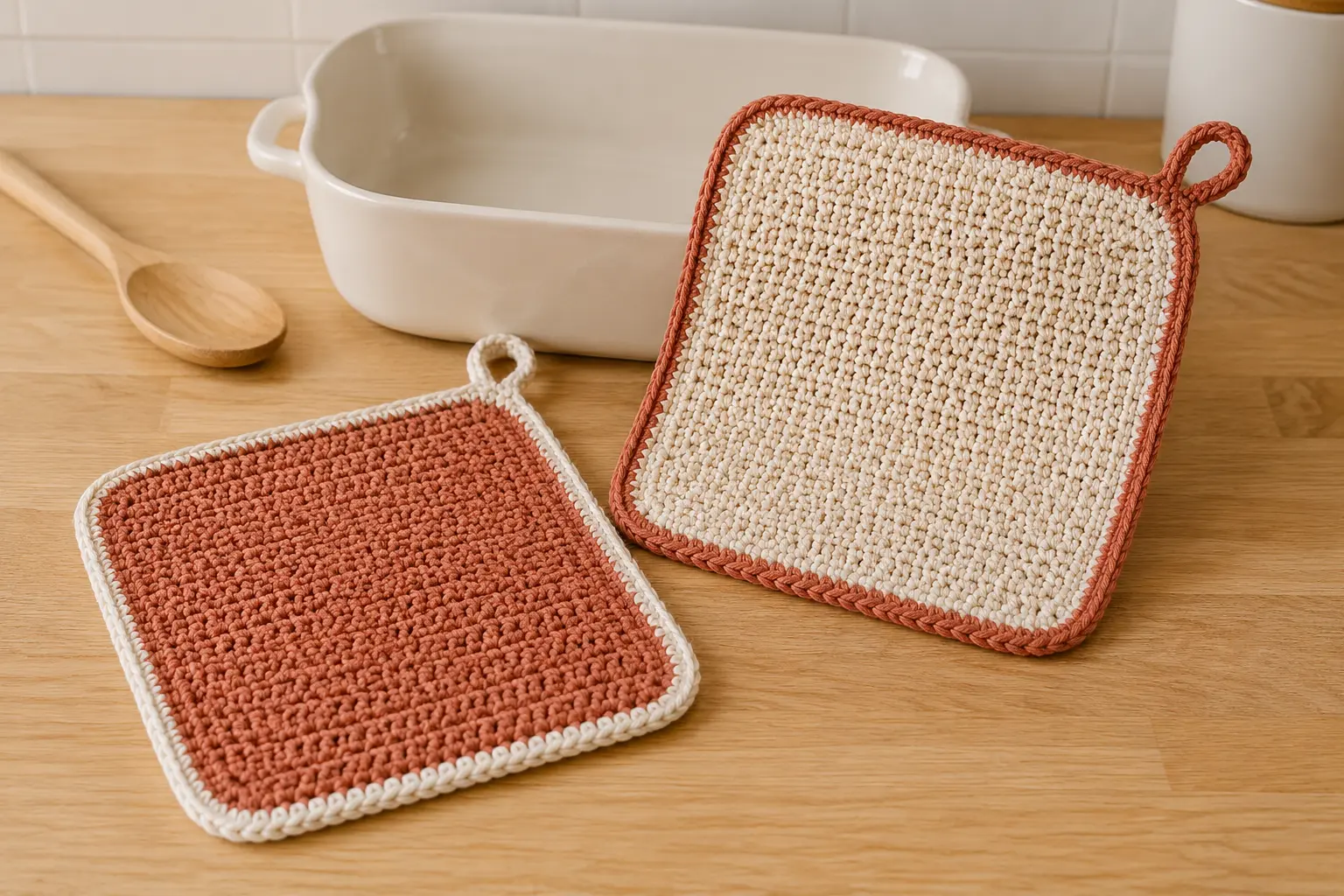 Deux maniques terminées à double épaisseur, terracotta et crème