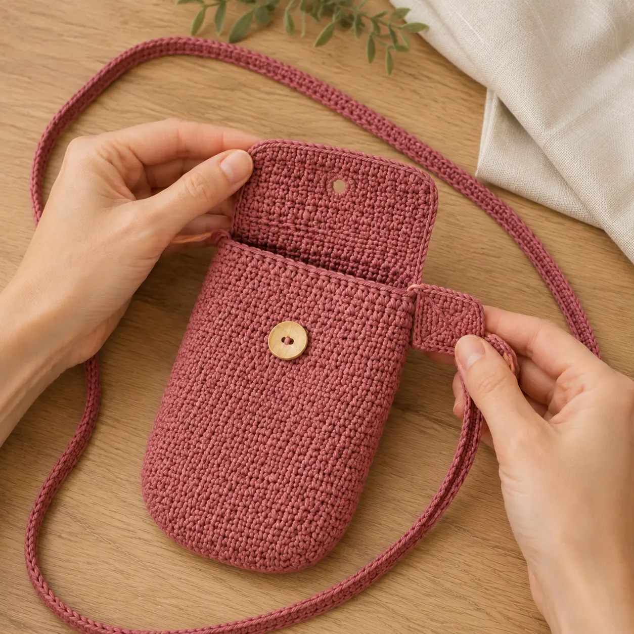 Bandoulière longue en crochet et fermeture à bouton sur une petite poche pour téléphone portable