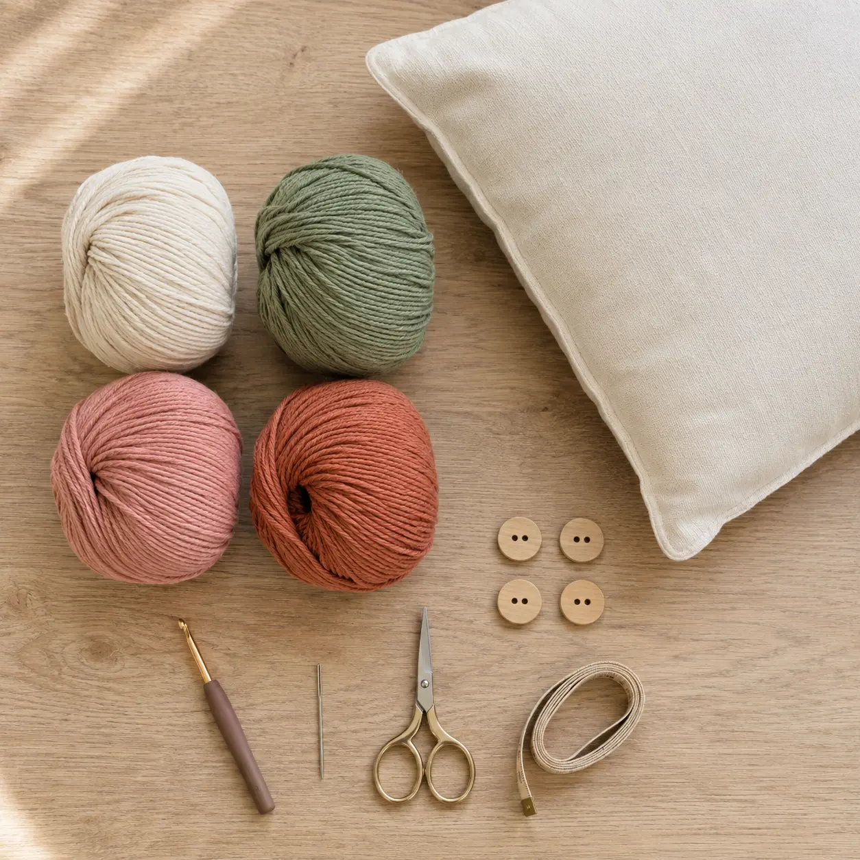 Fil de coton mélangé en quatre couleurs, crochet, aiguille à laine, ciseaux, mètre ruban, boutons et rembourrage pour coussin