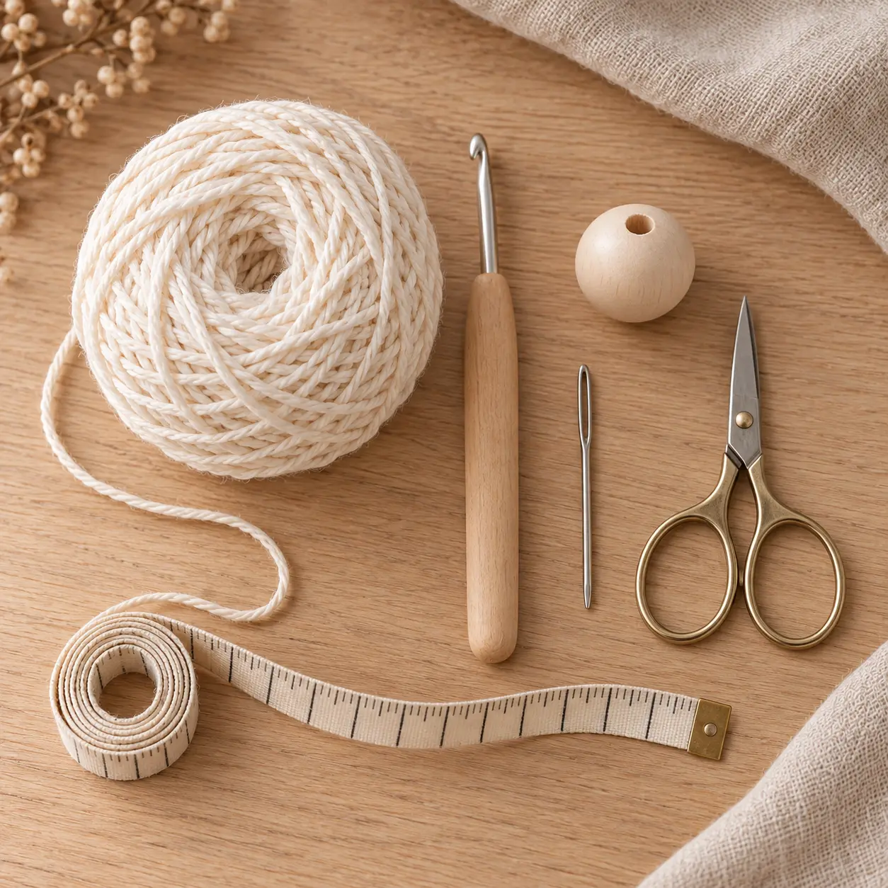 matériel au crochet ange avec fil de coton, crochet, perle de bois, aiguille de laine et ciseaux