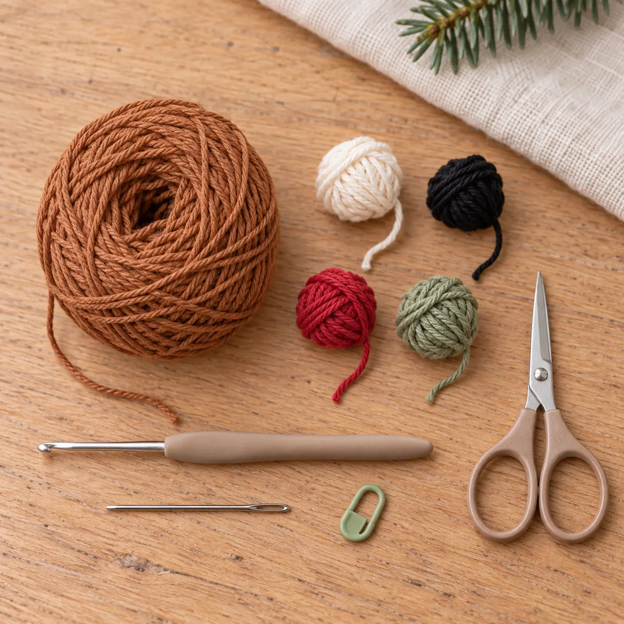 matériel pour bonhomme en pain d’épices crochet avec fil de coton marron, restes de fil crème et crochet