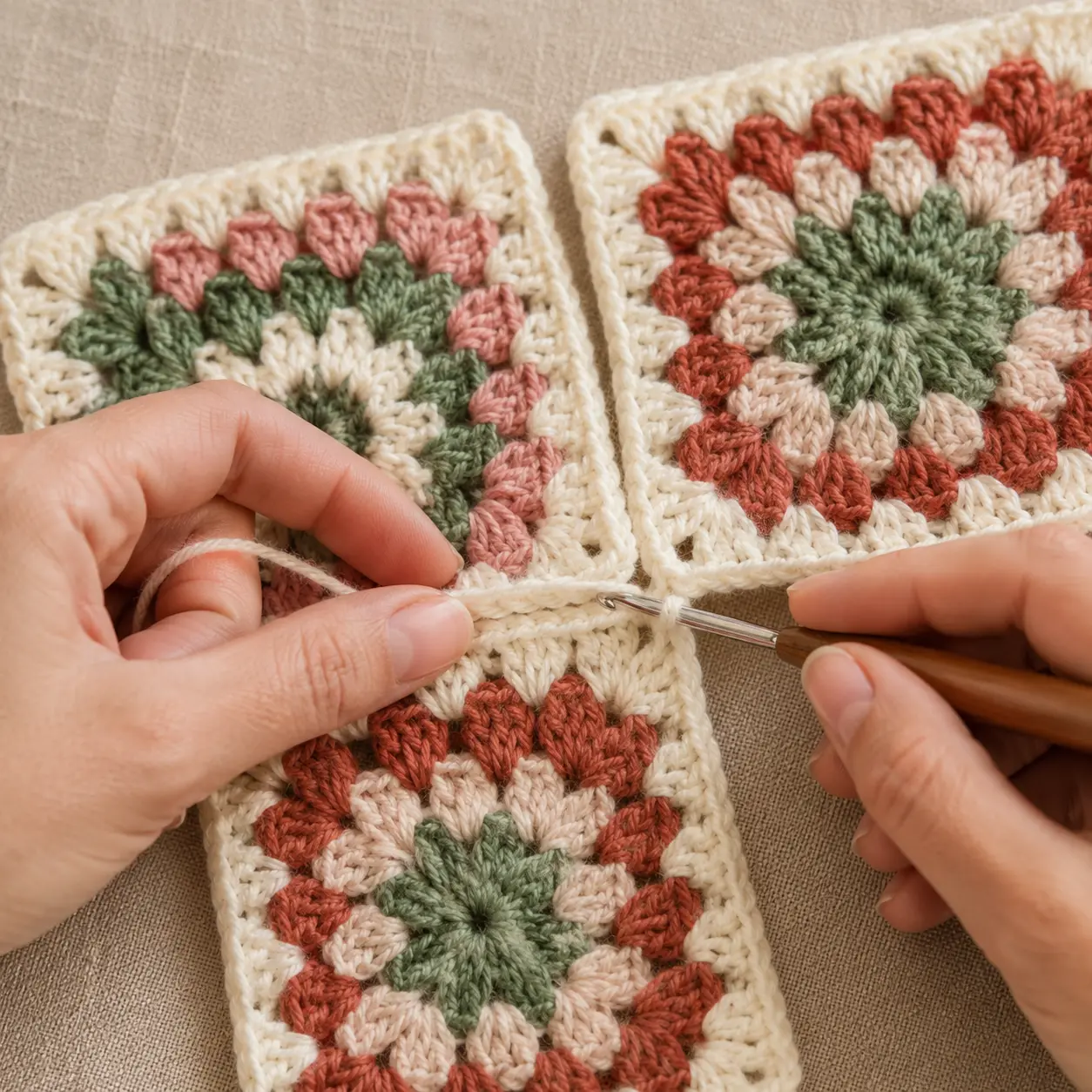 Assemblez des carrés granny avec du fil couleur crème et des mailles chaînette lâches pour créer une surface de coussin.