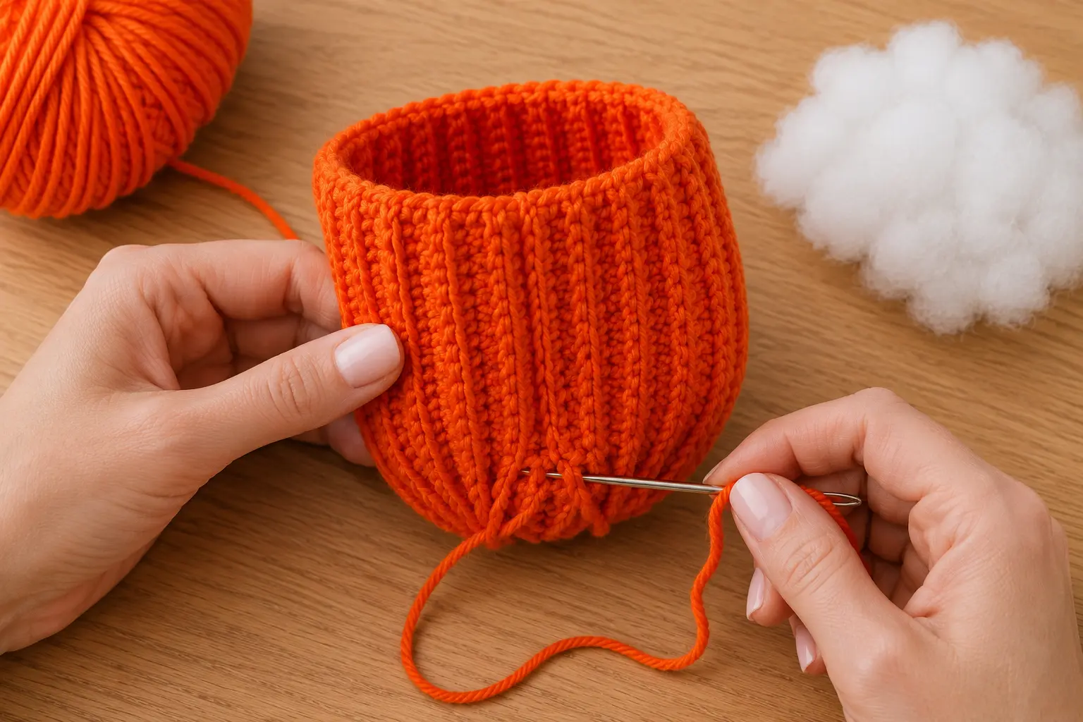 Cousez le motif de côtes sur le tube et froncez le bord inférieur de la citrouille crochetée.
