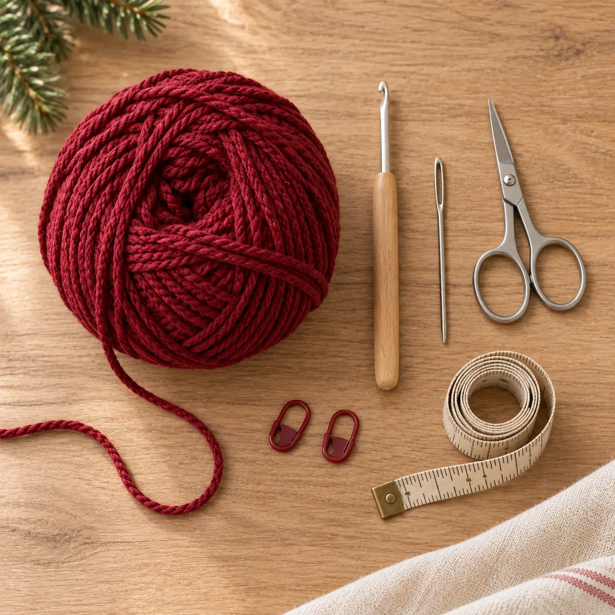 Fil de coton rouge foncé, crochet, aiguille à laine, ciseaux et mètre ruban pour un sac cadeau