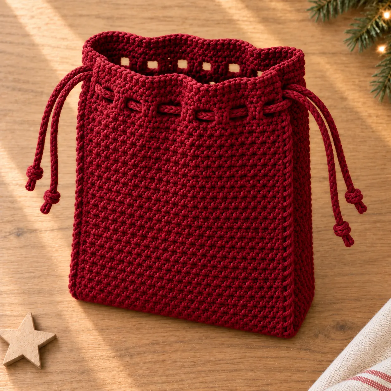 Sac cadeau crocheté avec deux cordons insérés et un cordon de serrage soigneusement fermé.