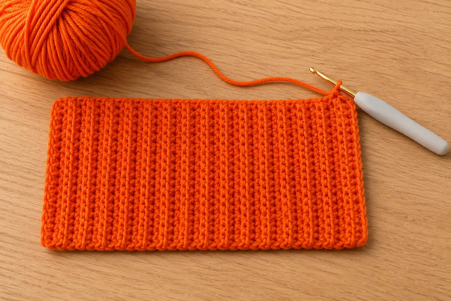 Rectangle orange au crochet avec motif de côtes réalisé en mailles serrées