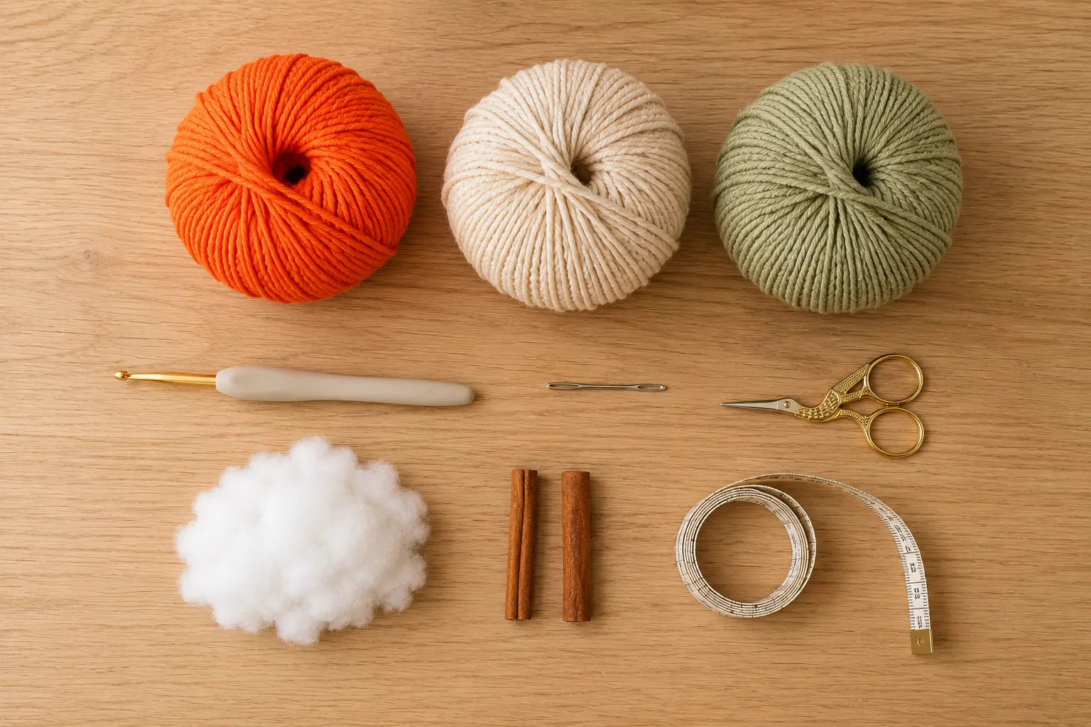 Fil de coton, crochet, rembourrage et bâtonnets de cannelle pour une citrouille au crochet