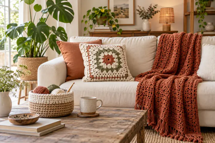 Salon lumineux avec coussin et plaid au crochet
