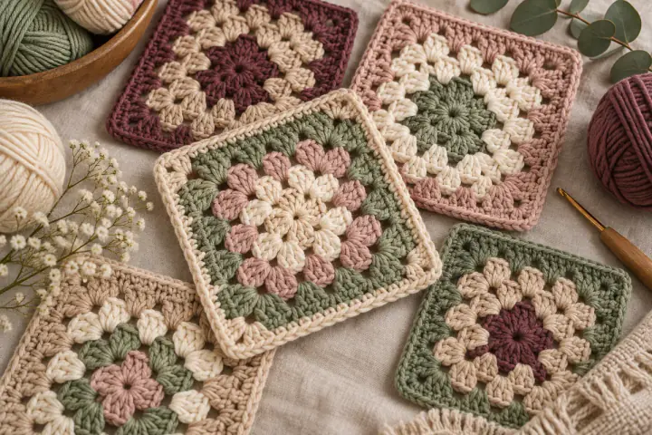 Carrés granny faits main aux couleurs douces