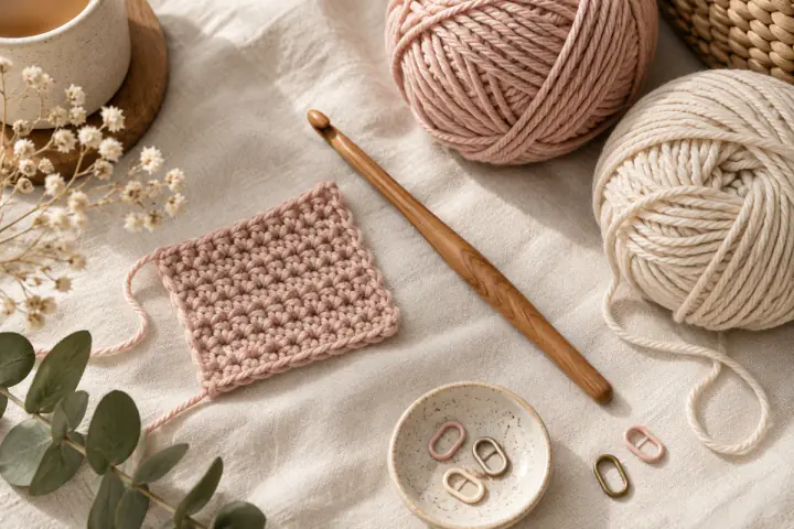Crochet, fil de coton et échantillon de points pour débuter