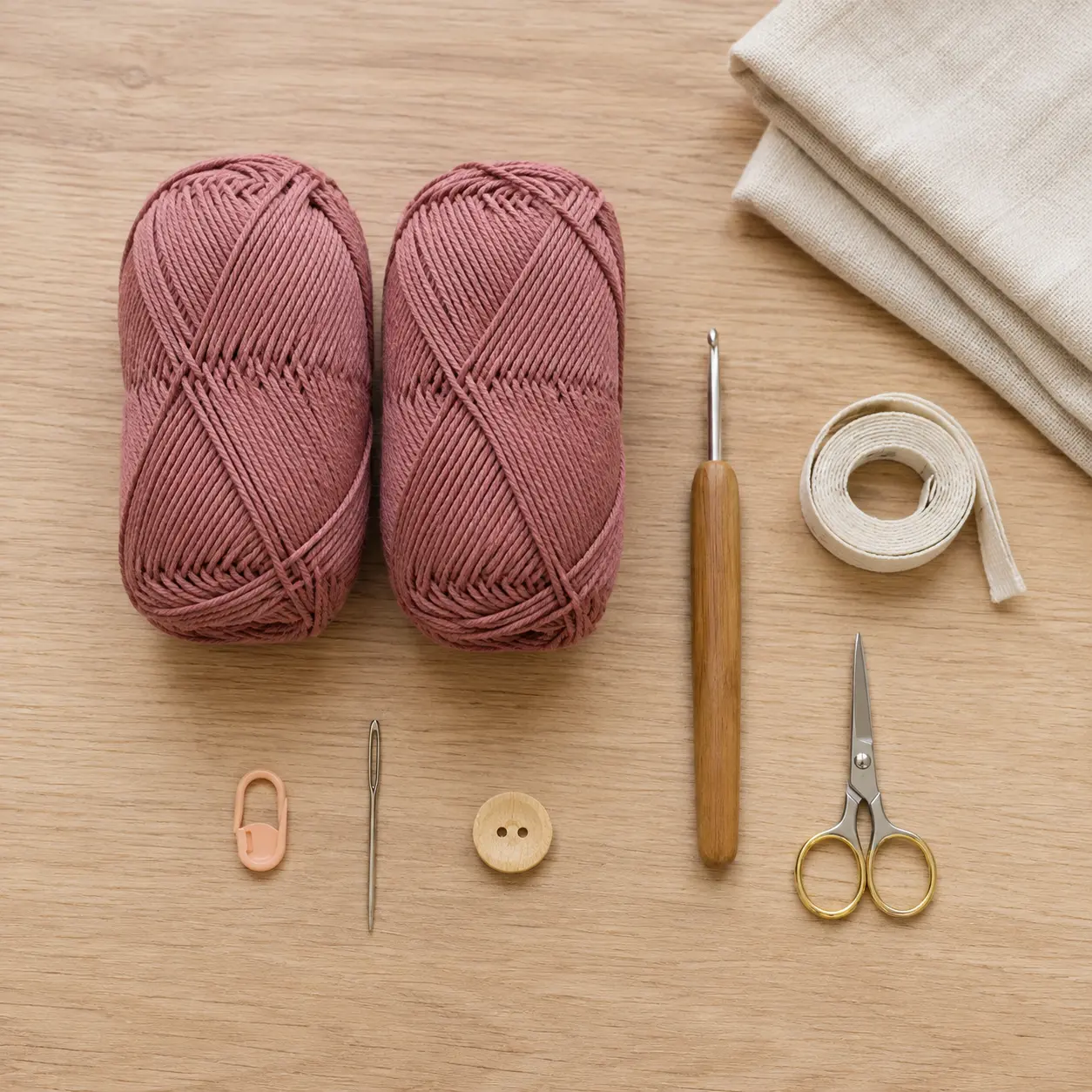 Fil de coton, crochet, marqueurs de mailles, aiguille à laine, ciseaux, mètre ruban et bouton en bois pour une coque de téléphone portable