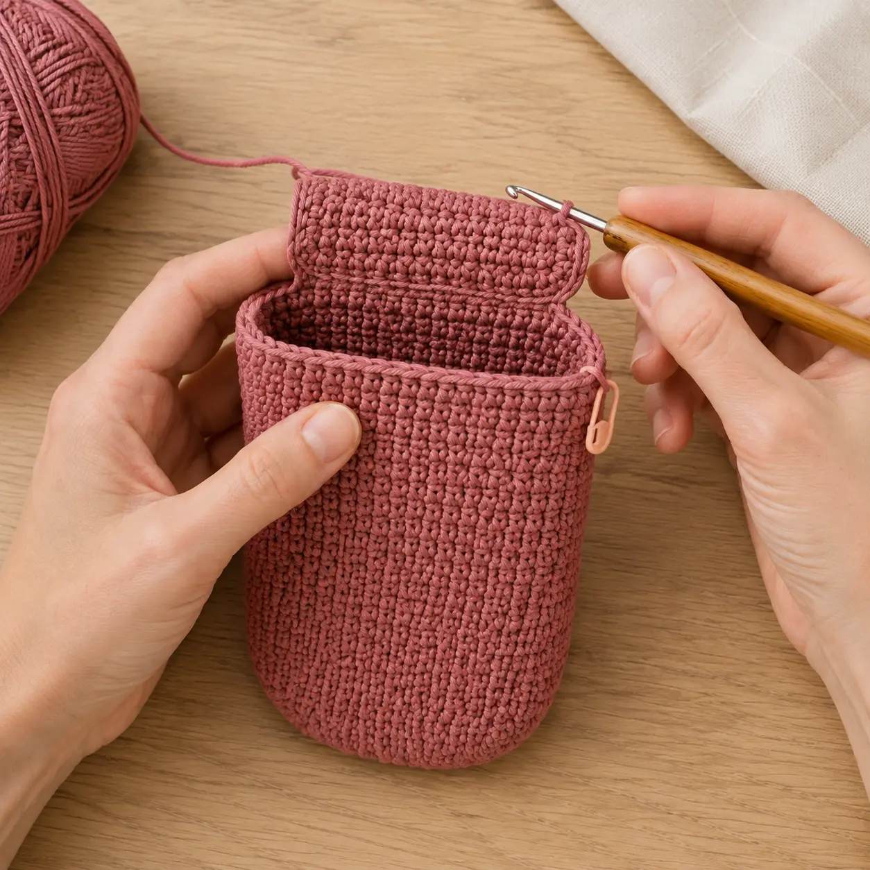 Étui de téléphone portable entièrement crocheté sans couture, avec un rabat droit réalisé en mailles serrées.