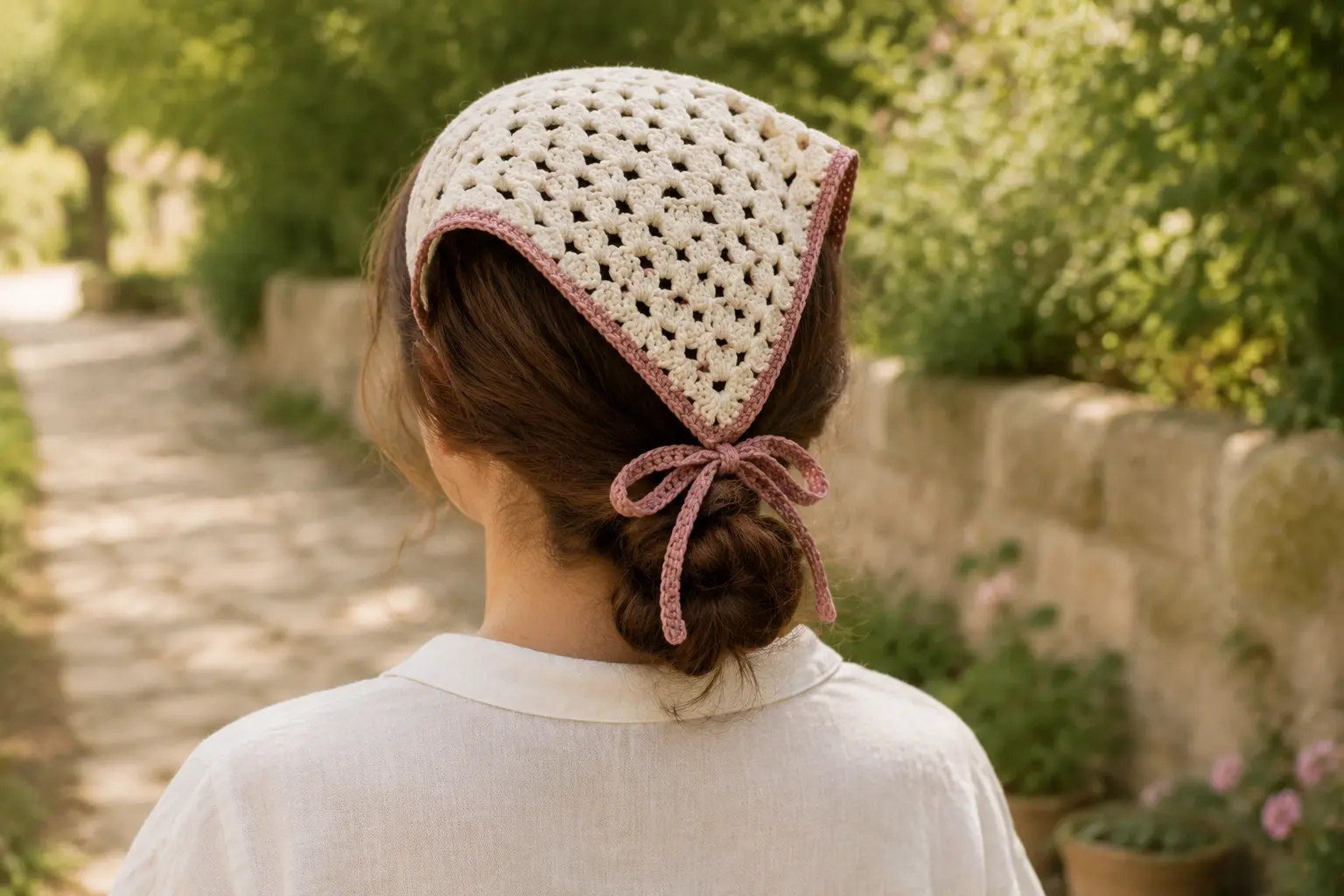 Bandana au crochet en crème et Rose vieilli porté dans les cheveux