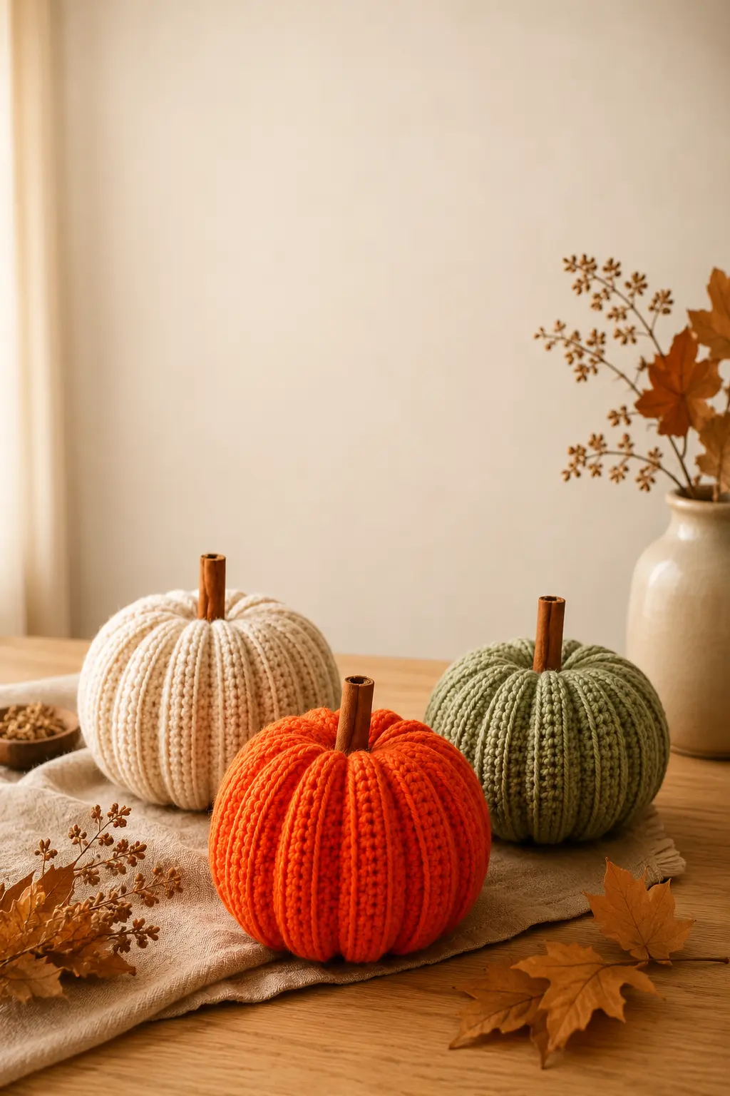 Idée Pinterest avec trois citrouilles au crochet comme décoration d'automne moderne
