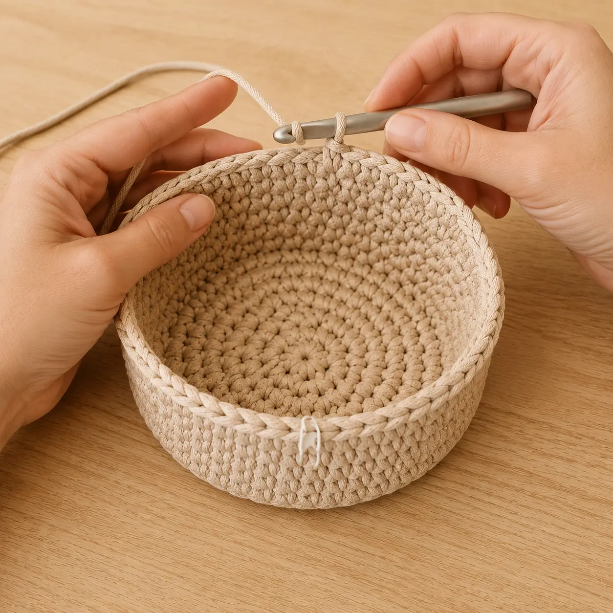 Panier au crochet inachevé, à parois latérales droites réalisées en mailles serrées.