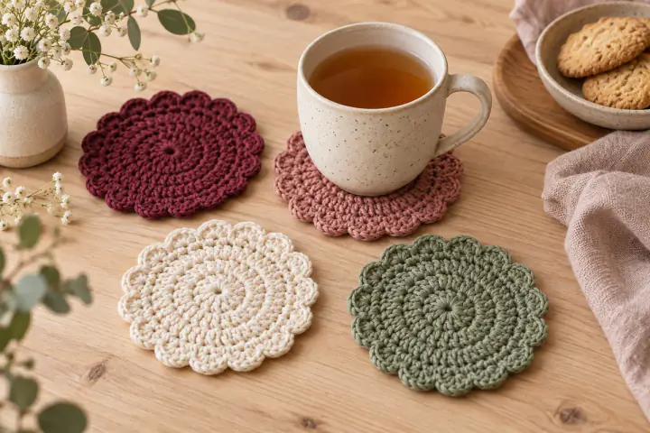 Dessous de verre fleur au crochet aux couleurs naturelles