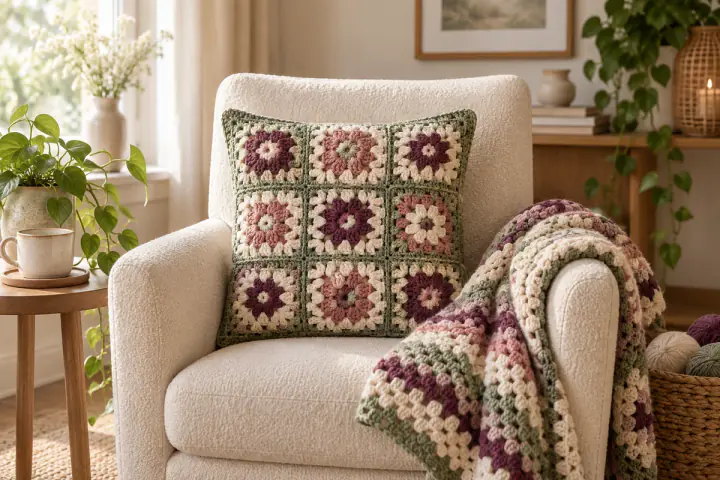 Fauteuil avec coussin et plaid granny au crochet