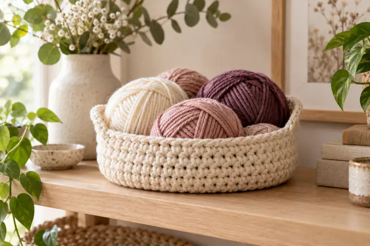 Panier au crochet rempli de pelotes aux couleurs douces