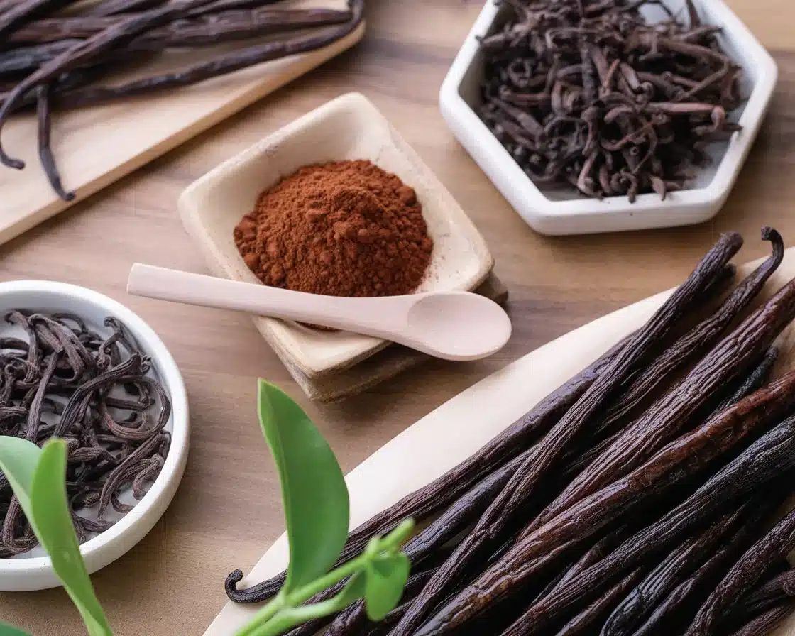 Varieties of vanilla beans and extracts displayed for a culinary guide.