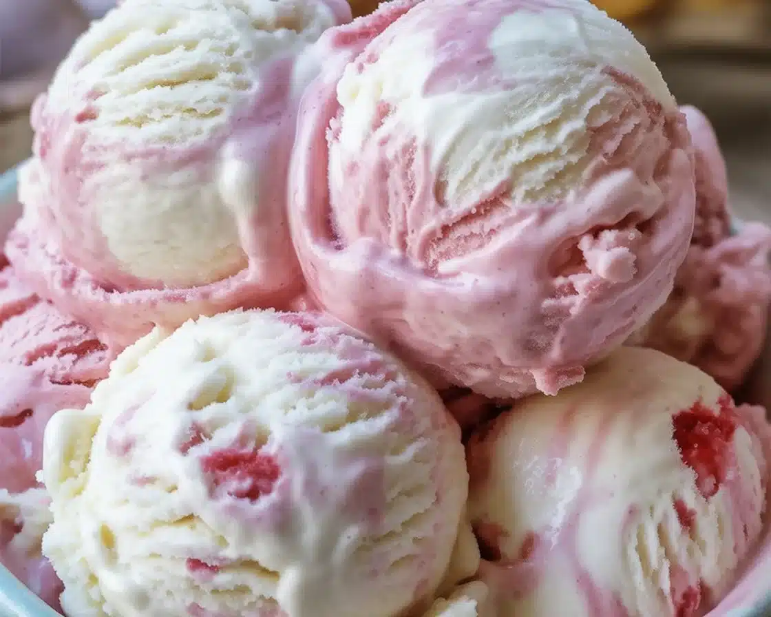A bowl of creamy homemade strawberries and cream ice cream, garnished with fresh strawberry slices and mint leaves.