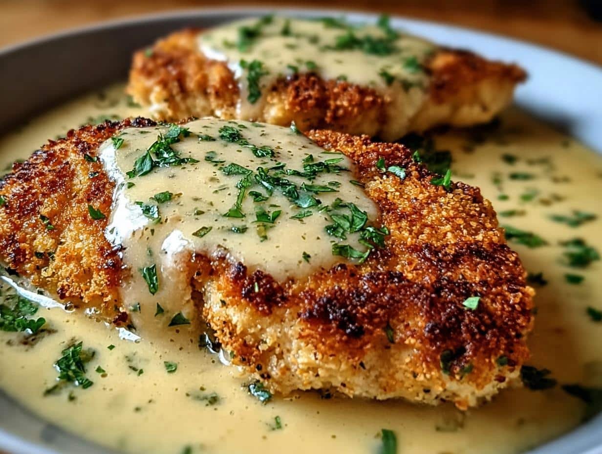 Crispy Parmesan Chicken Luscious - close-up of golden brown chicken breast with creamy sauce