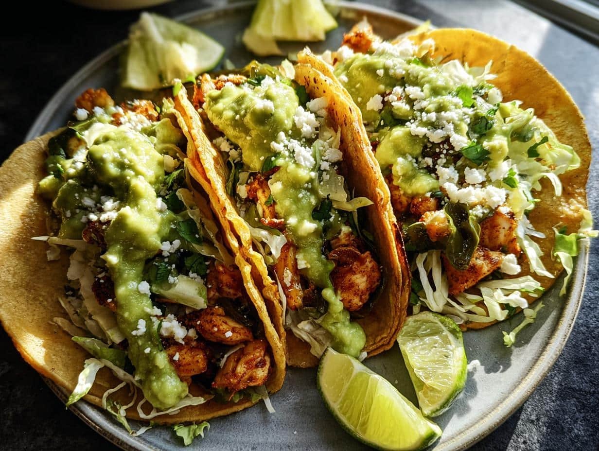 Crispy Poblano Chicken Tacos - close-up of assembled tacos with fresh toppings