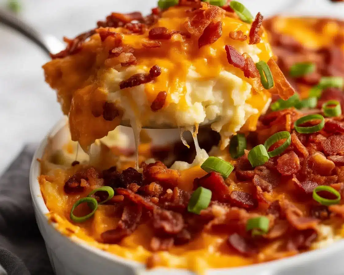 Creamy mashed potato casserole topped with cheese and bacon, perfect for gatherings.