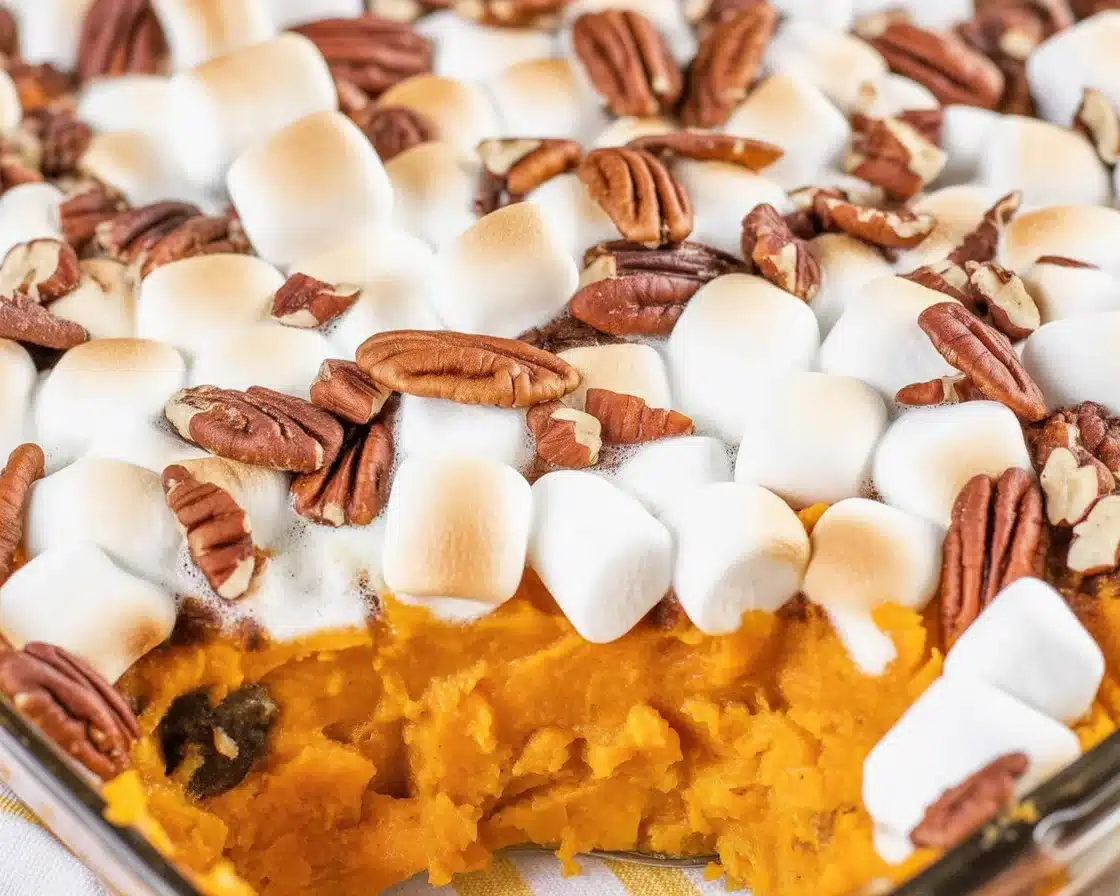 Creamy sweet potatoes casserole with pecan topping, perfect holiday side dish.