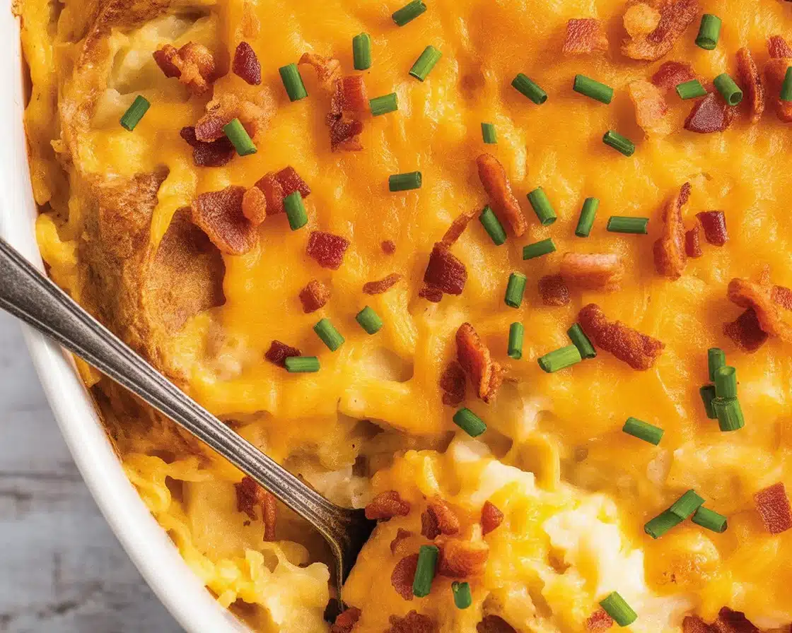 Delicious Twice Baked Potato Casserole topped with cheese and bacon