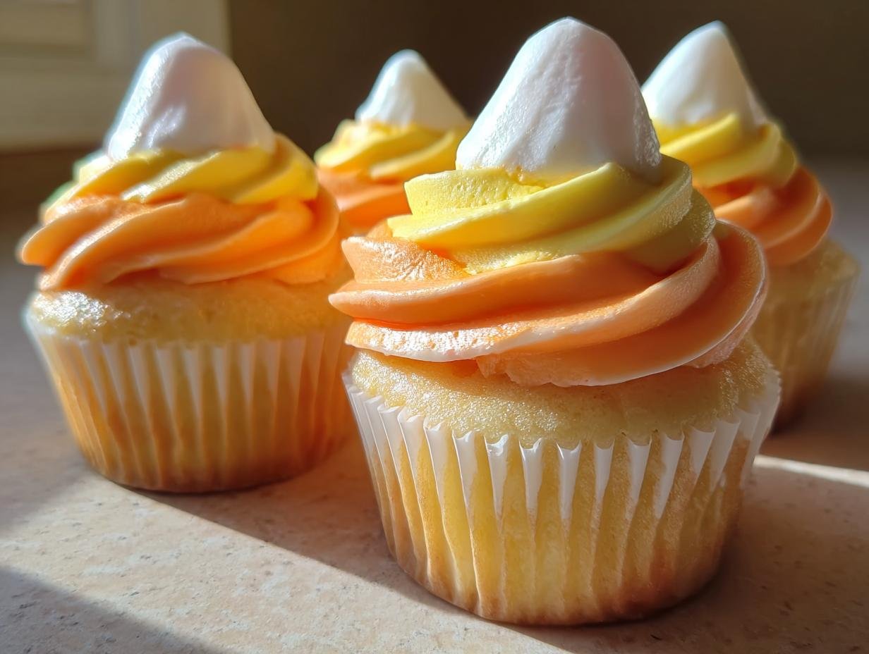 Candy Corn Hat Cupcakes - close up of frosting and candy melt layers