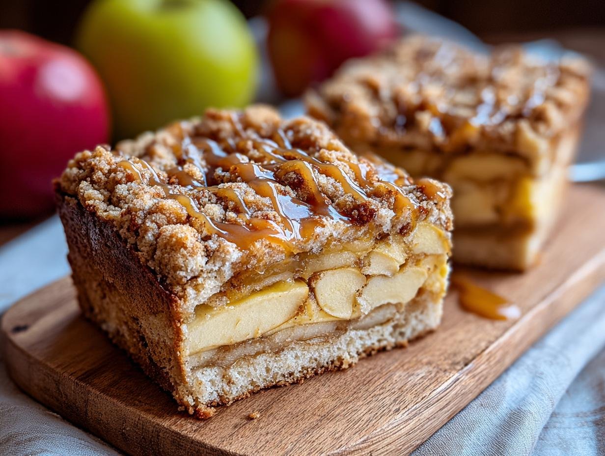 Close-up of a slice of Caramel Apple Crumble Bread with caramel drizzle