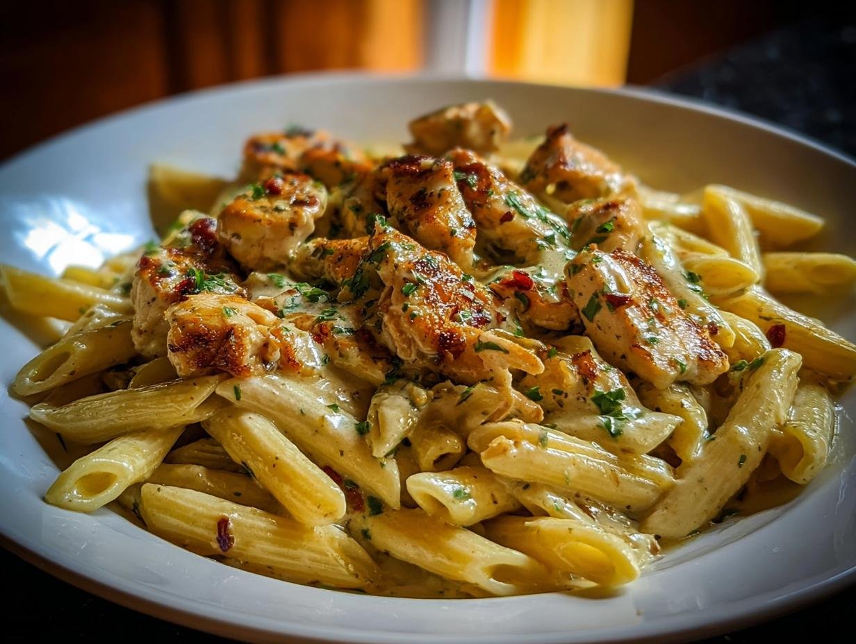 Amazing Garlic Butter Chicken Penne in 35 Min 1 Garlic Butter Chicken Penne - close-up of creamy sauce coating pasta and chicken