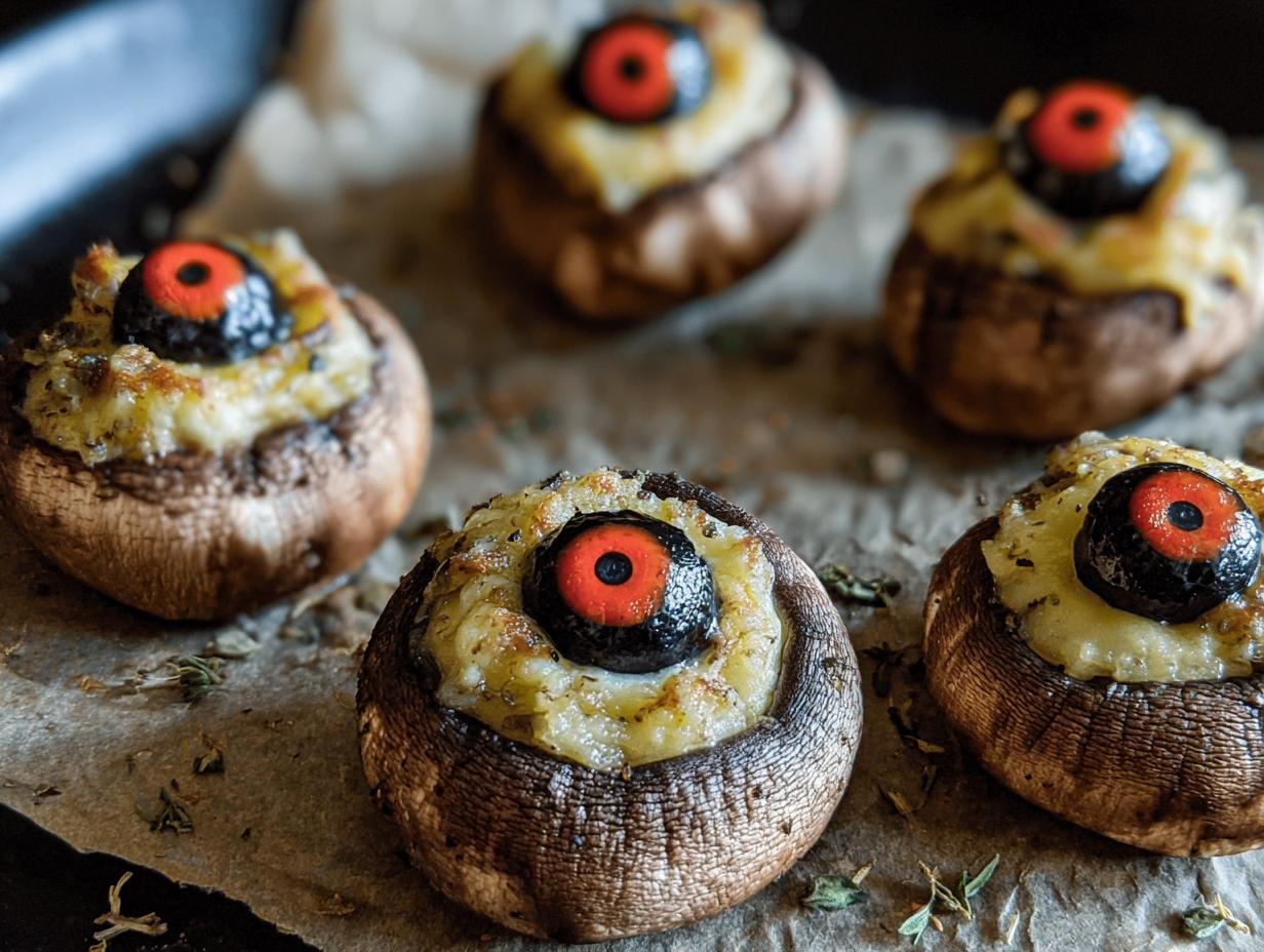 Terrifying Stuffed Mushroom Eyeballs: 1 Creepy Recipe 1 Terrifying Stuffed Mushroom Eyeballs: 1 Creepy Recipe - Stuffed Mushroom Eyeballs - additional detail