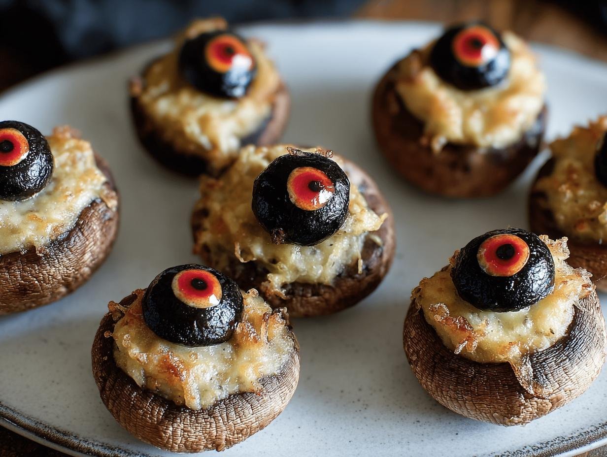 Terrifying Stuffed Mushroom Eyeballs: 1 Creepy Recipe 2 Terrifying Stuffed Mushroom Eyeballs: 1 Creepy Recipe - Stuffed Mushroom Eyeballs - additional detail