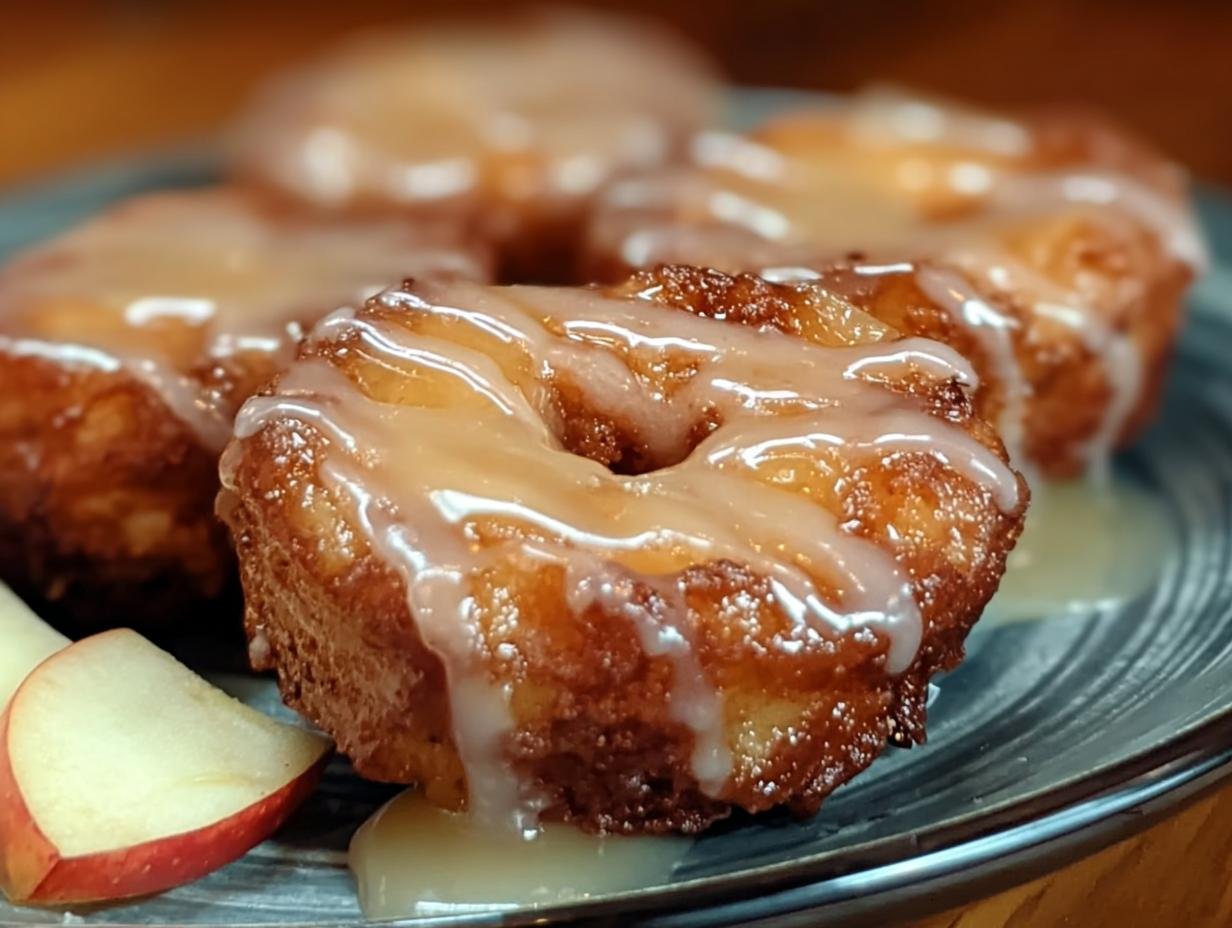 Warm Baked Apple Fritters with glaze drizzled on top