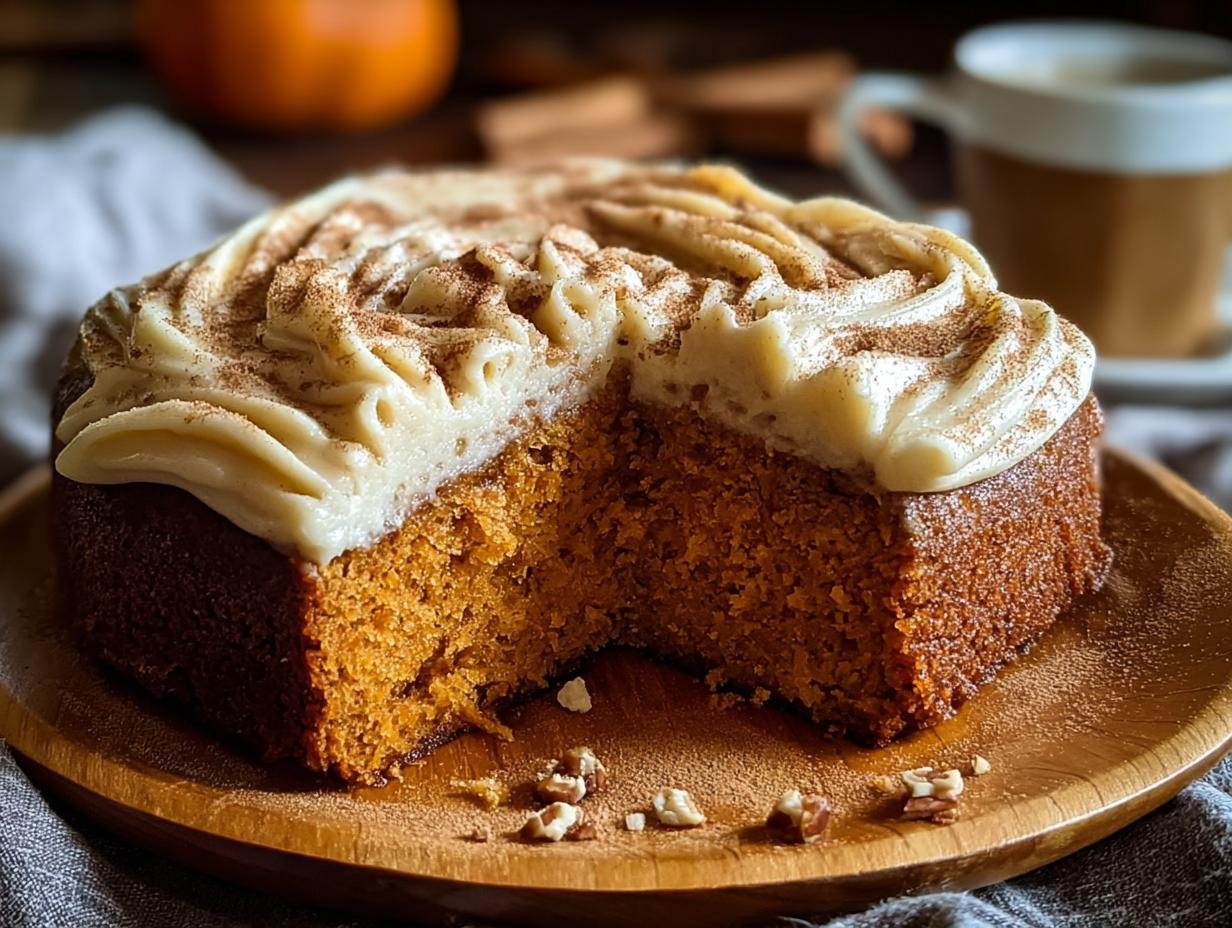 Pumpkin Spice Gooey Cake - finished cake with cream cheese frosting