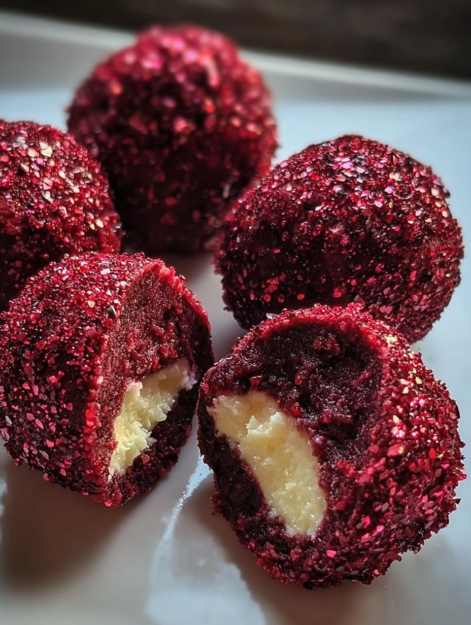 Red Velvet Truffles Incredible - close-up of red velvet truffles with chocolate coating