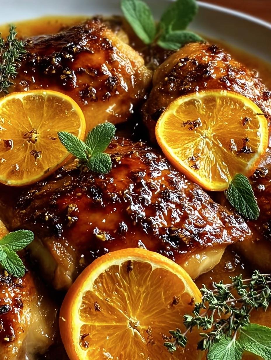 Roasted Orange Chicken - close-up of glazed chicken thighs