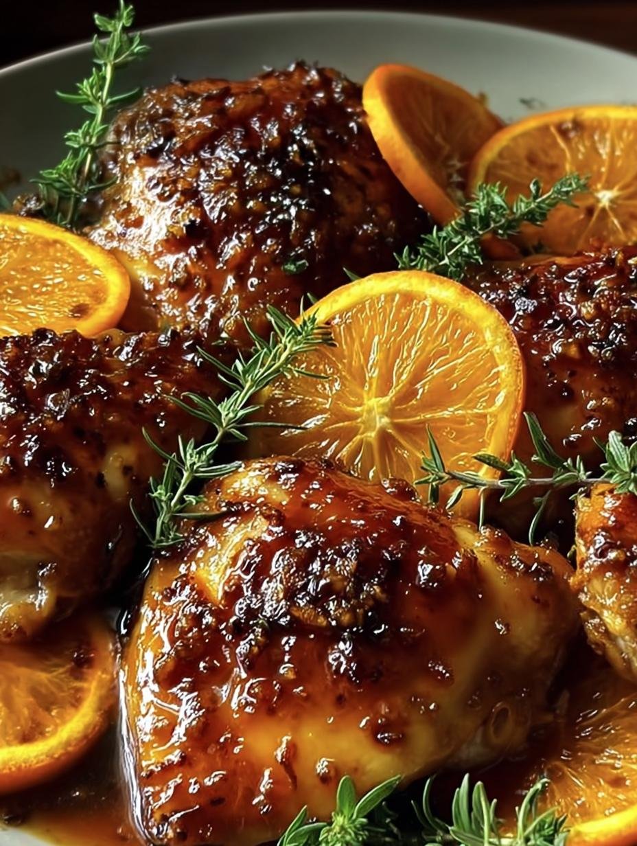 Roasted Orange Chicken - close-up of glazed chicken with orange slices