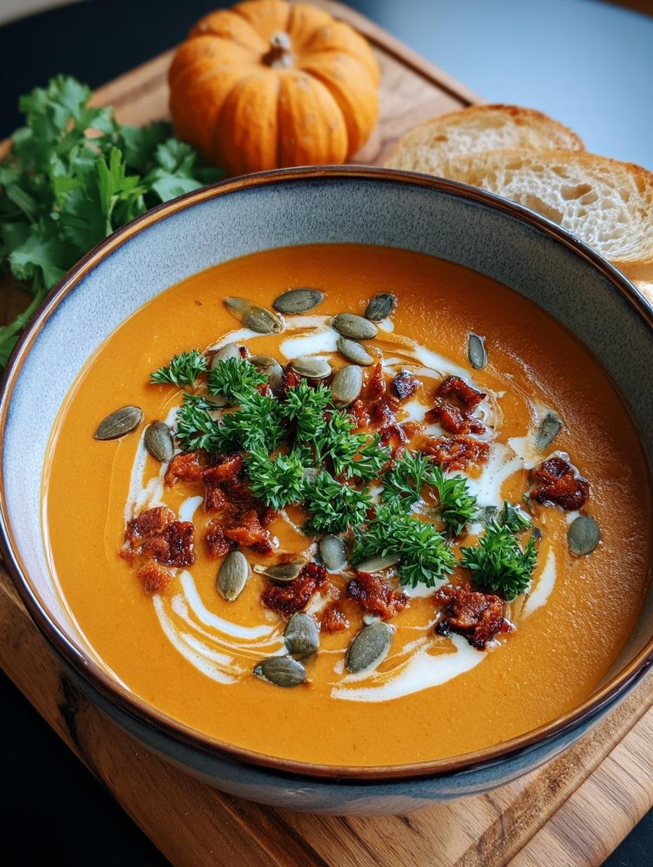 Spicy Chorizo Pumpkin Soup: 1 Satisfying Hug 1 Spicy Chorizo Pumpkin Soup - close-up of creamy texture with chorizo bits