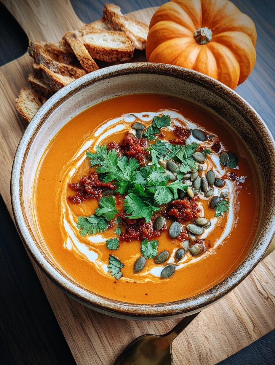 Spicy Chorizo Pumpkin Soup: 1 Satisfying Hug 2 Spicy Chorizo Pumpkin Soup - serving suggestion with toppings