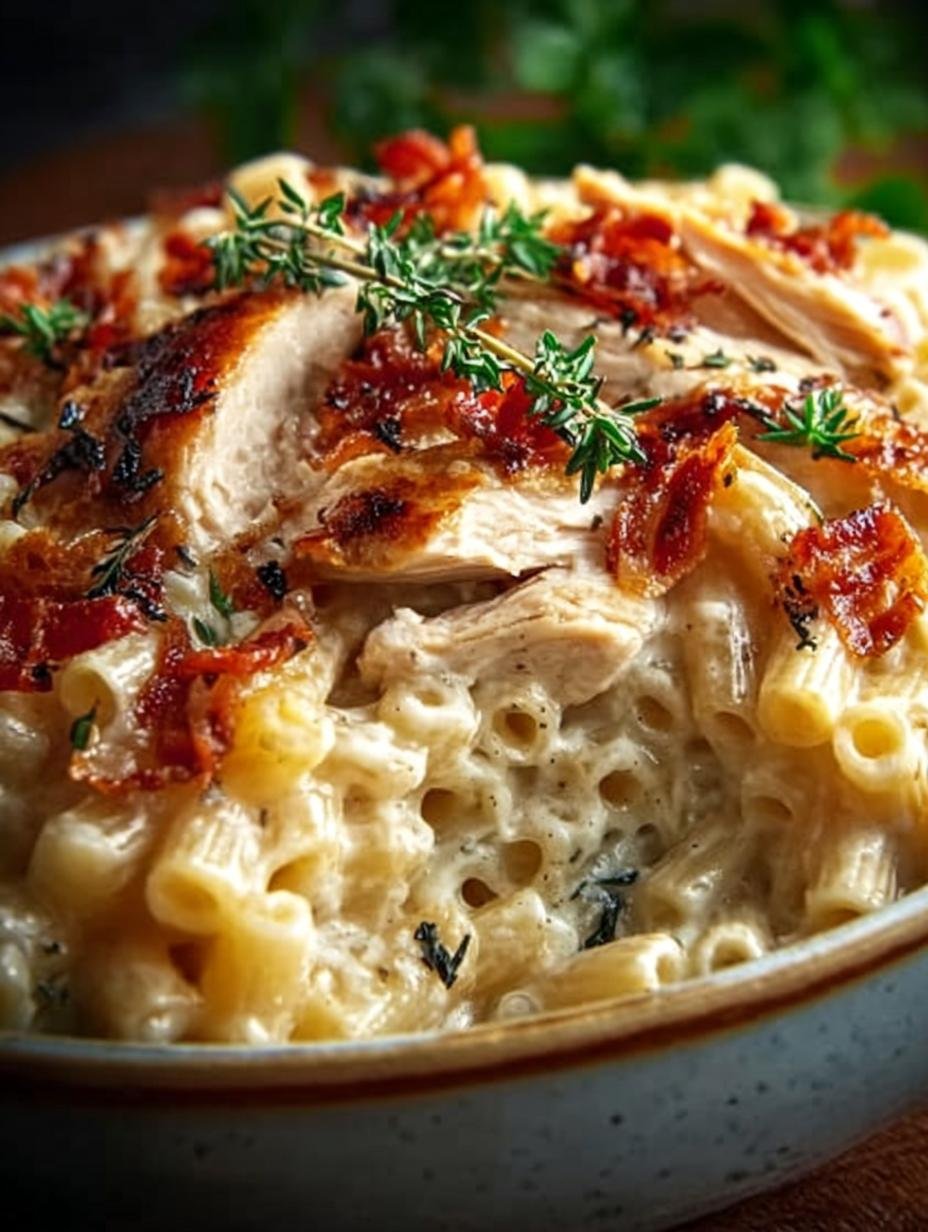 Delicious Dump Bake Chicken Alfredo served in a baking dish