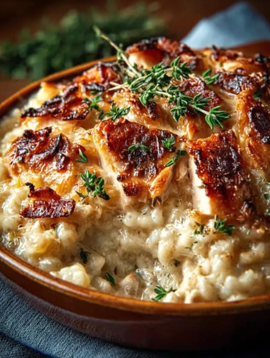 Close-up of creamy Dump Bake Chicken Alfredo with melted cheese