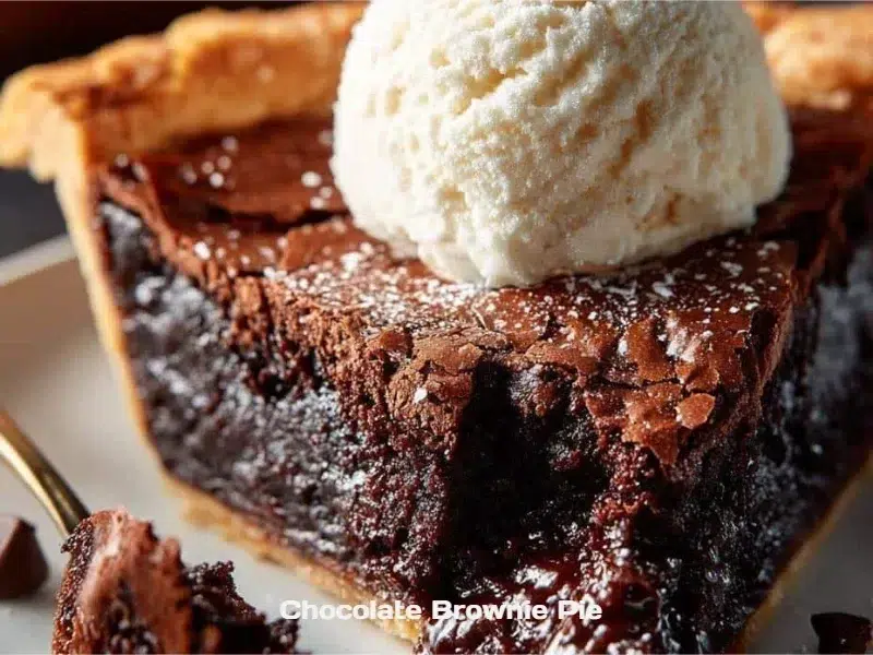 Delicious Chocolate Brownie Pie topped with chocolate drizzle and walnuts