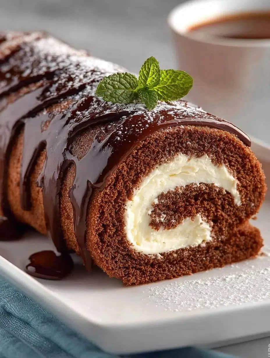Delicious Chocolate Swiss Roll Cake with creamy filling and chocolate drizzle