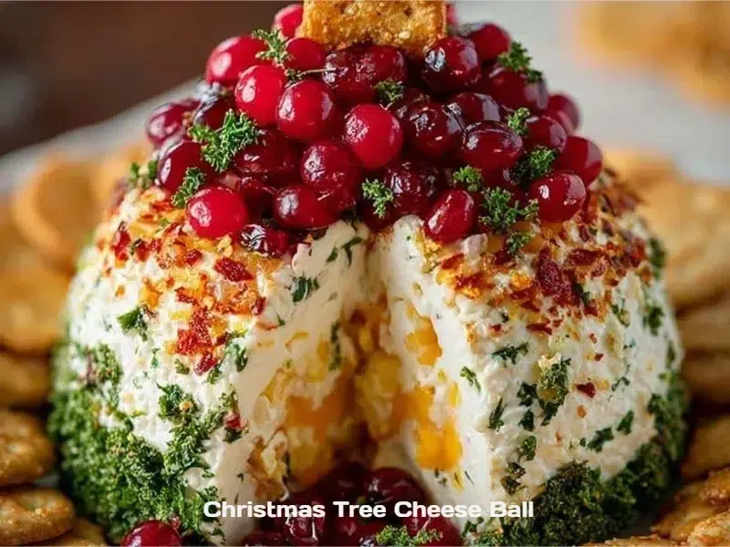Festive Christmas Tree Cheese Ball decorated with herbs and red pepper