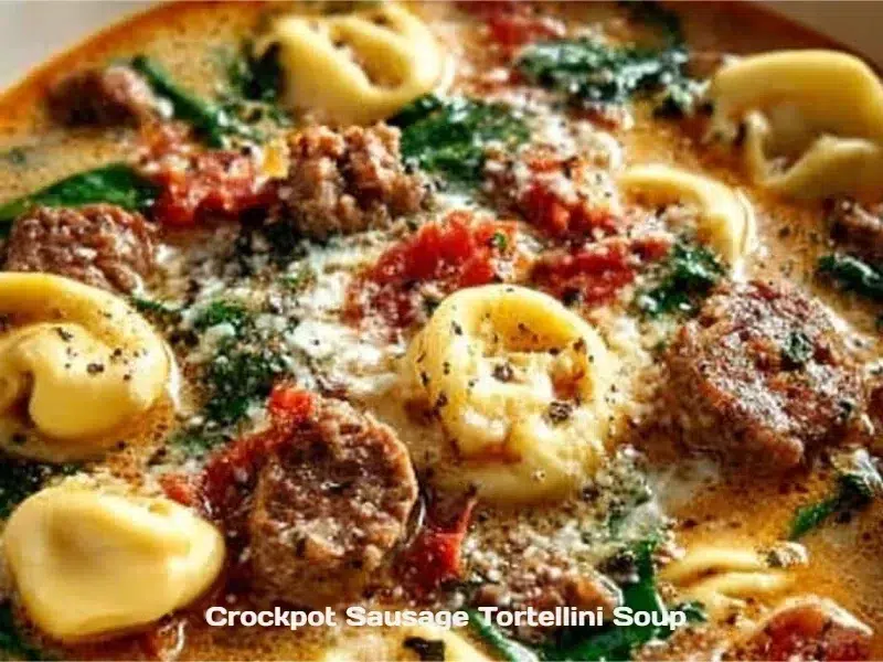 Crockpot Sausage Tortellini Soup in a bowl garnished with herbs